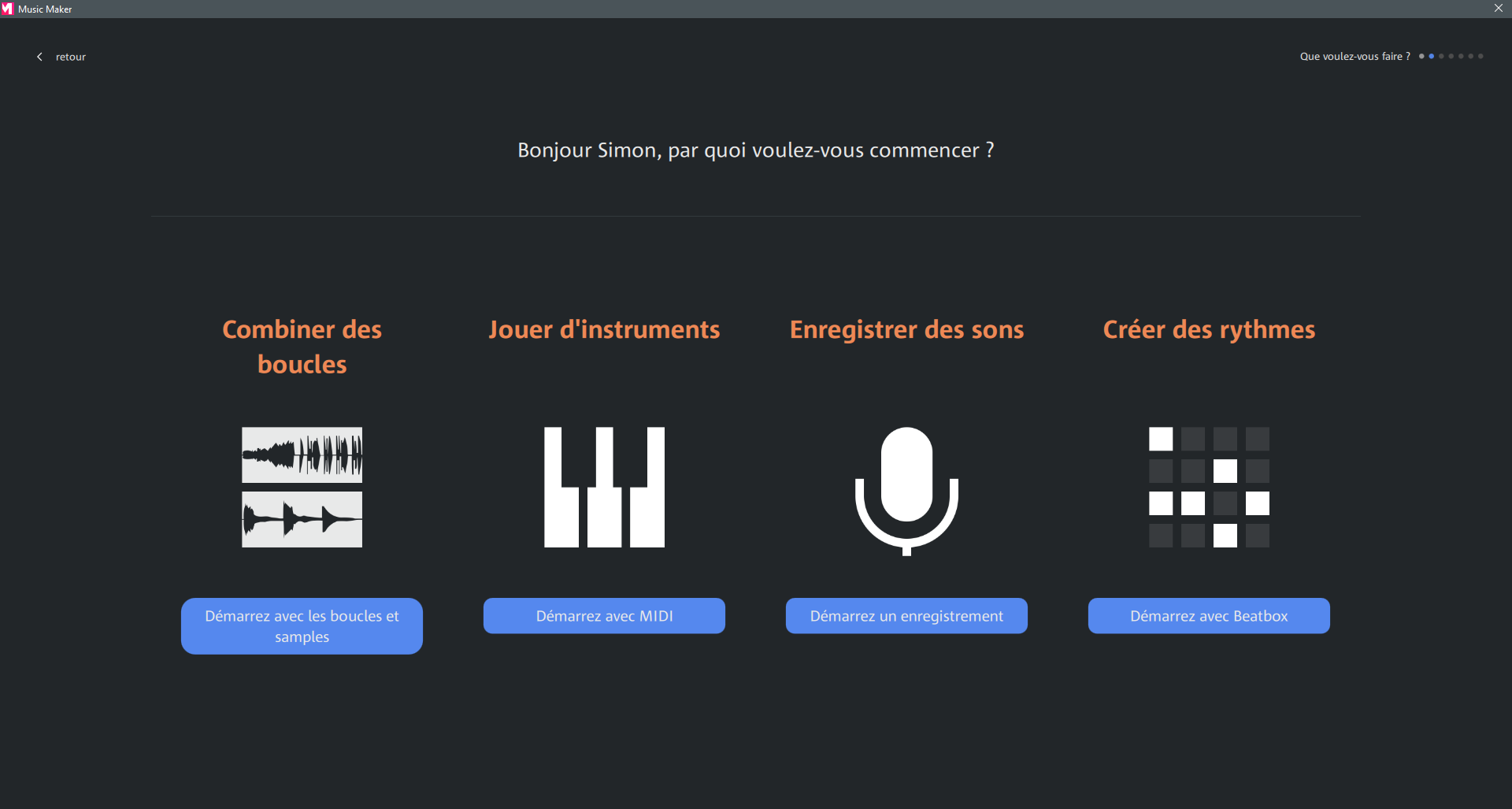 Interface d'accueil de Music Maker