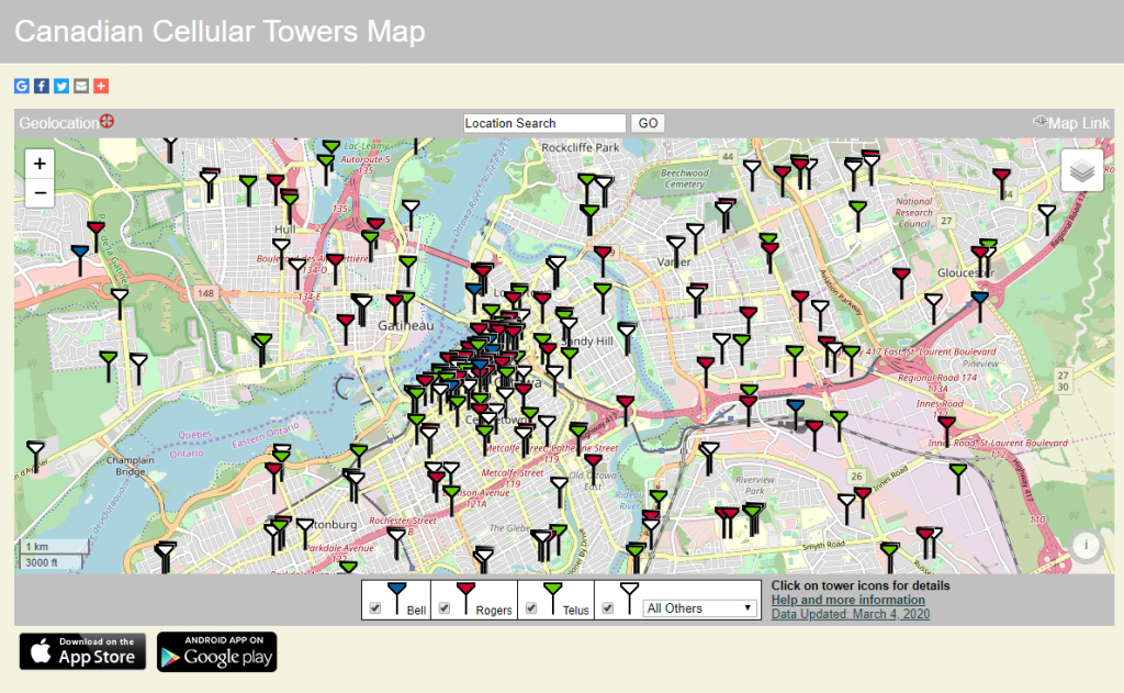 Canadian Cellular Towers Map