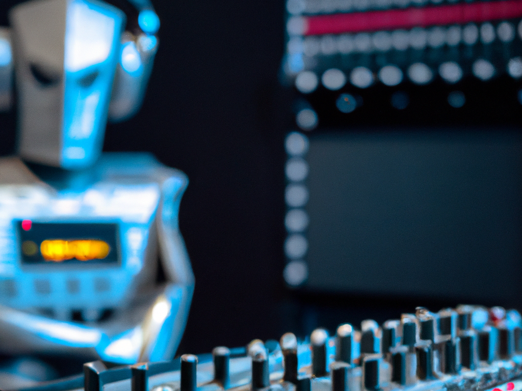 Un robot assis devant une console de production audio dans un studio