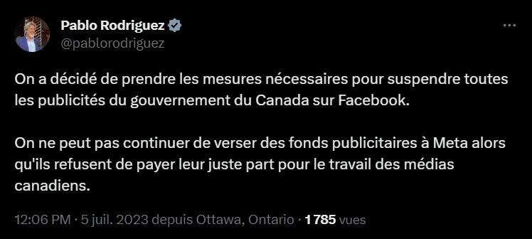 Capture d'écran d'un message du ministre Rodriguez qui annonce que des mesures seront prises pour suspendre toutes les publicités du gouvernement du Canada sur Facebook.