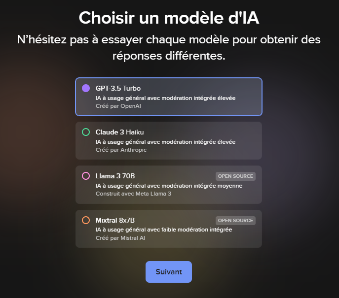 Une capture d'écran de la page de sélection des 'chatbots' de Duck.ai