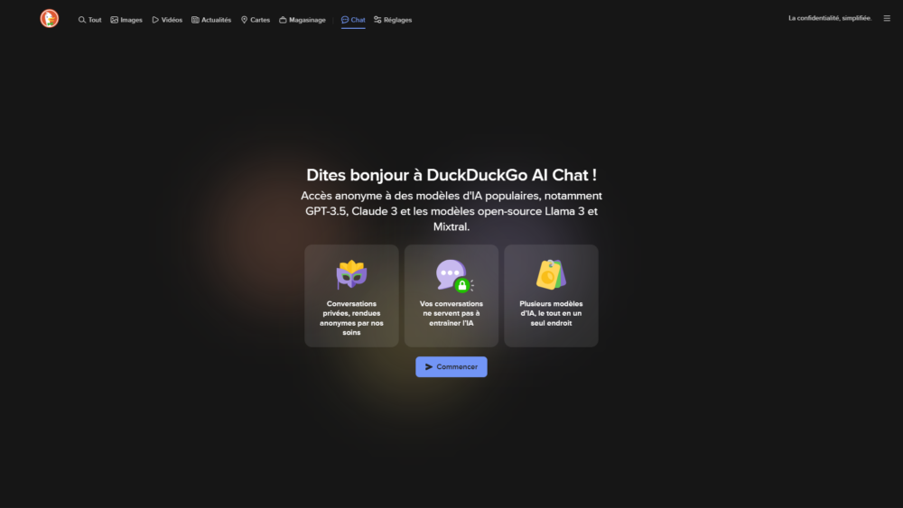 La page d'accueil du service de robots conversationnels de DuckDuckGo