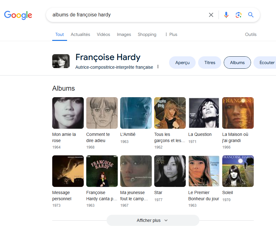 Les albums de François Hardy dans les résultats de Google