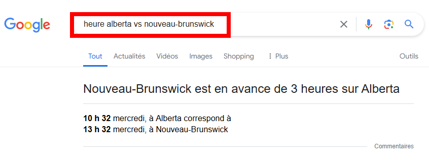 Google indique le décalage horaire entre la province de l'Alberta et le Nouveau-Brunswick