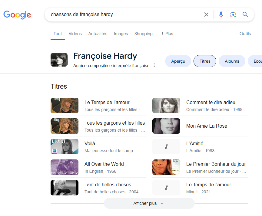 Les chansons de François Hardy dans les résultats de Google