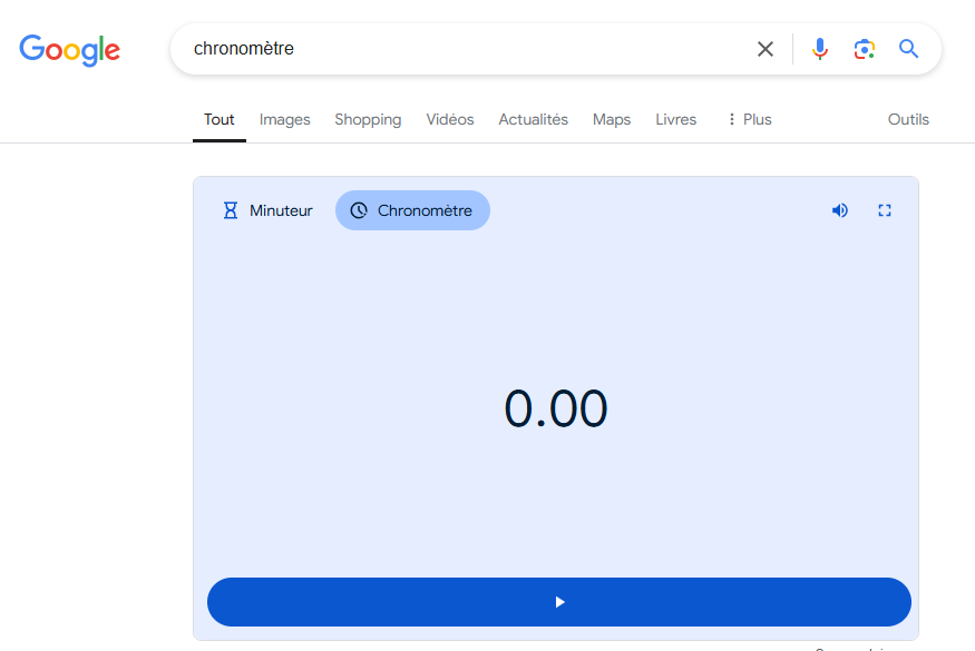 Un chronomètre dans les résultats de recherche de Google